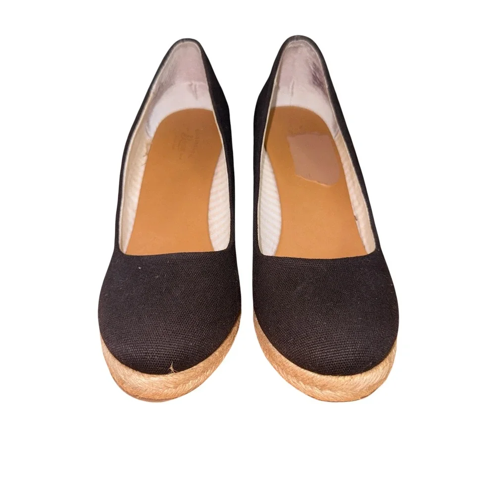 G.H. Bass Kester Wedge Pump Women 8M Pre-Owned Espadrille Black Canvas Jute Heel
